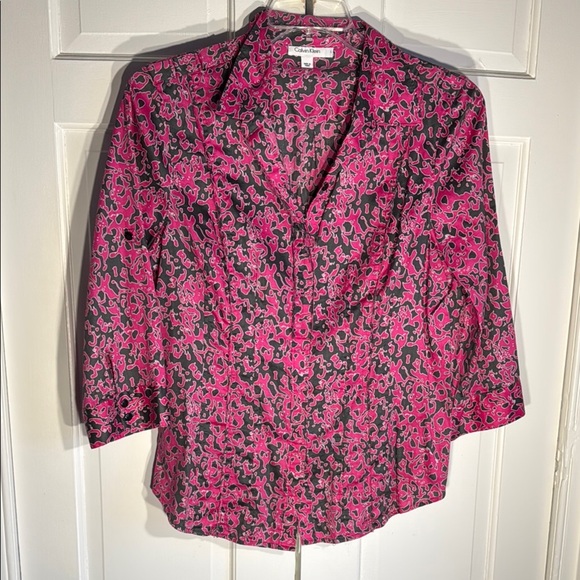 EUC Calvin Klein Pink & Gray Collared Button Cotton Blouse Convertible Sleeve - Picture 1 of 8